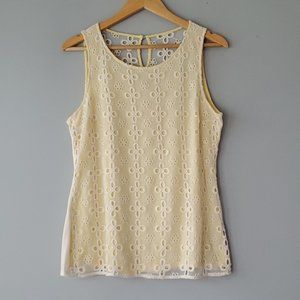 Jennifer Lopez White Floral Sheer and Yellow Sleeveless Dress Blouse Large